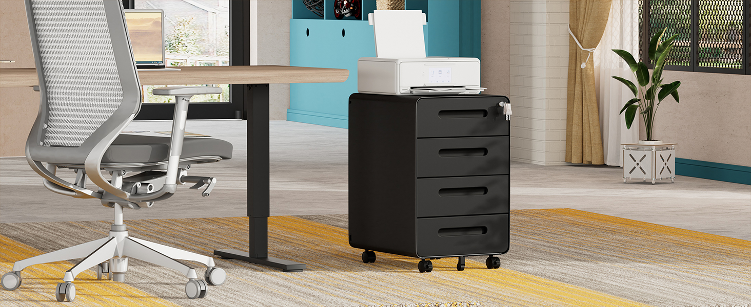 Роликовий контейнер HOMSTEEL з замком, 4 шухляди, металевий офісний шафка, чорний (46T x 40B x 64H cm)