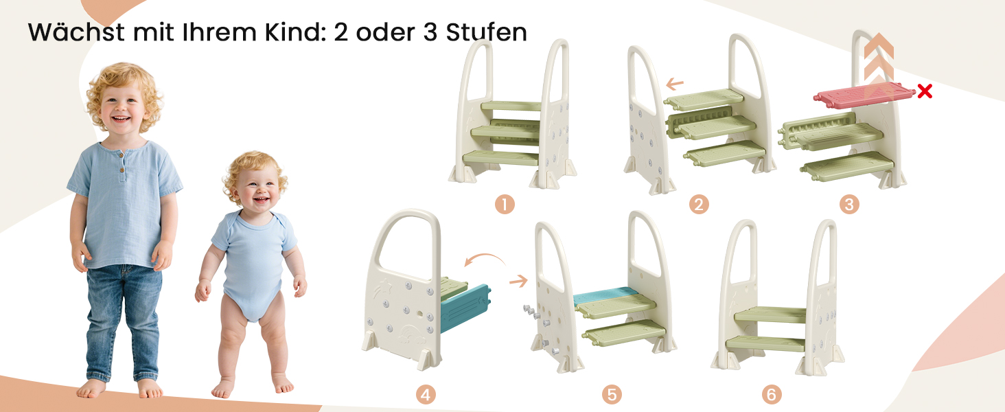 Дитячий табурет Hoopyosms Tritthocker з ручкою, сірий. Безпечний, з 2/3 сходинками для ванної, кухні та туалету
