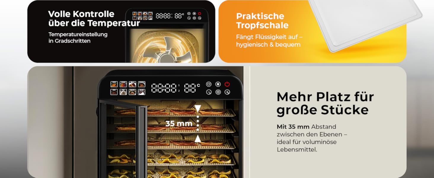 Електрична сушарка для фруктів та овочів Balter з нержавіючої сталі, 12 ярусів, 1100 Вт, 70 л об'єм, 12000 см² поверхня сушіння, BPA-free, 35–75 °C, таймер до 72 год