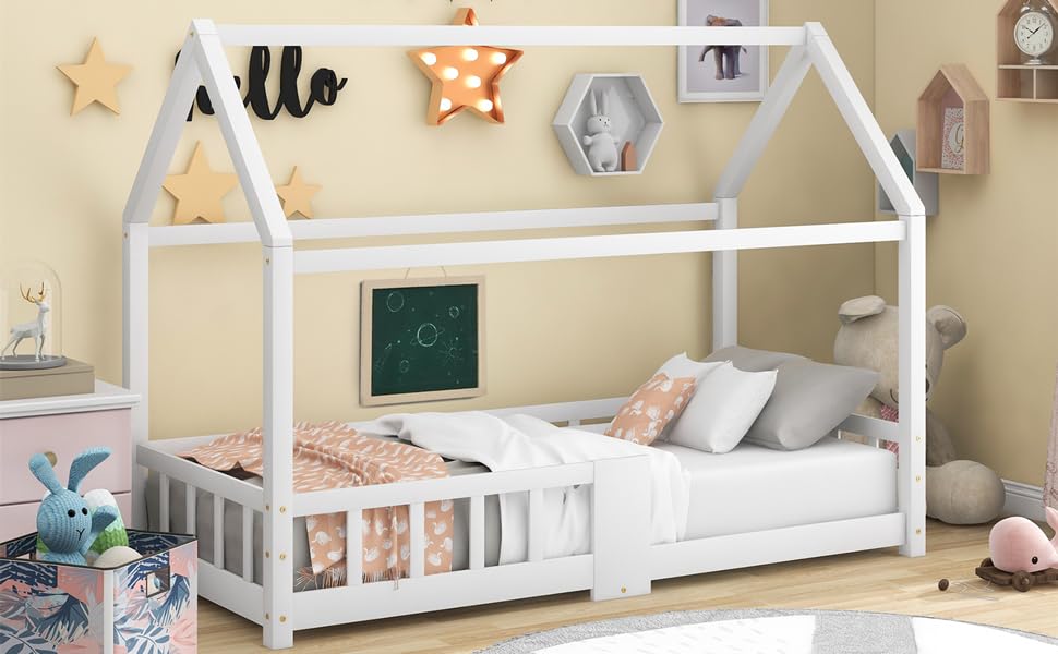 Дитяче ліжко-будиночок Moimhear 90x200 см, сірий колір, з соснового дерева, для дітей