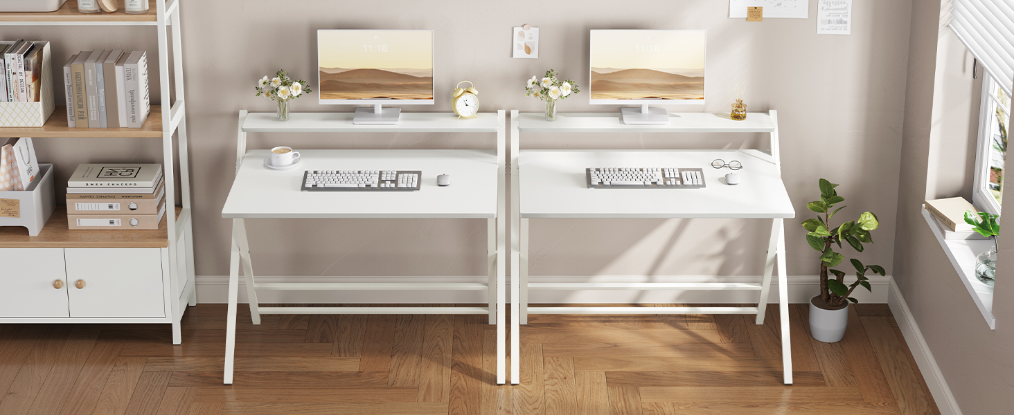 Зламуваний стіл Yaheetech 80 см, комп'ютерний стіл з полицею, двоступеневий робочий стіл з підставкою для монітора, стіл для ноутбука для домашнього офісу/маленьких кімнат/вітальні, білий, 80 см x 50 см, білий, 106.5x60.5x90 см