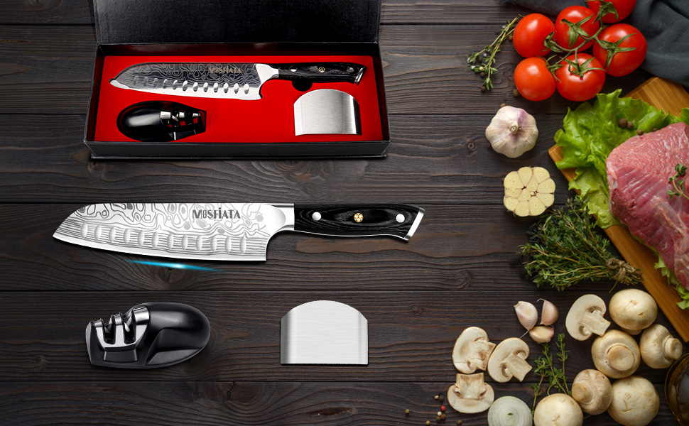 Ніж кухарський MOSFiATA Santoku, професійний ніж для кухні, універсальний ніж з нержавіючої сталі, дуже гостре лезо, з подарунковою коробкою 7