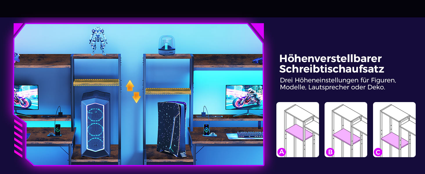 Ігровий стіл Coleshome з полицями та ящиками, 137x48 см. Стіл для геймінгу з LED-підсвічуванням та розеткою, комп'ютерний стіл з місцями для зберігання та підставкою для монітора (Коричневий)