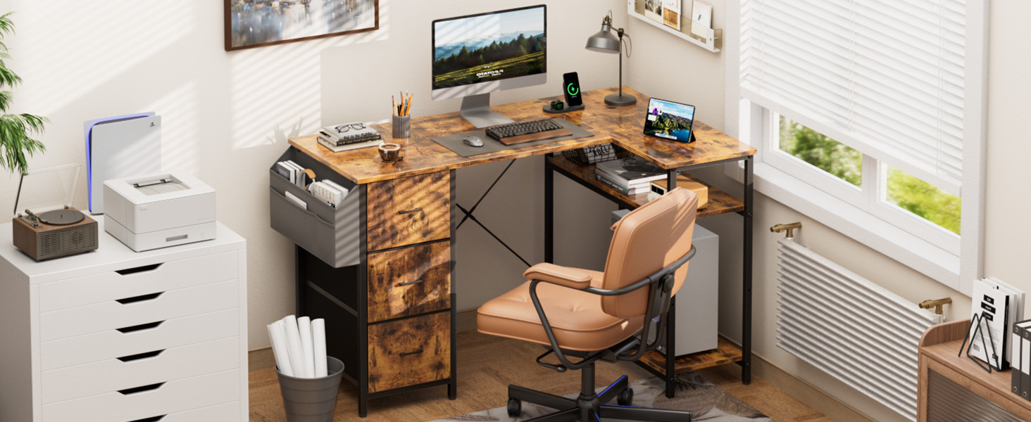 Комп'ютерний стіл HLONONE L-подібний з 3 висувними ящиками для тканини, з полицями та бічною кишенею, для офісу, геймінгу та дому, білий (140 x 80 см, коричневий)