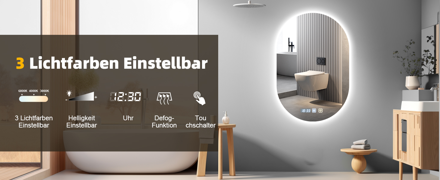 Дзеркало для ванної кімнати 600 мм з підсвічуванням, регулюванням яскравості, антизапарюванням, таймером | IP44, вологостійке, з сенсорним вимикачем | для ванної, готелю, кругле, овальне, 500 мм, 750 мм