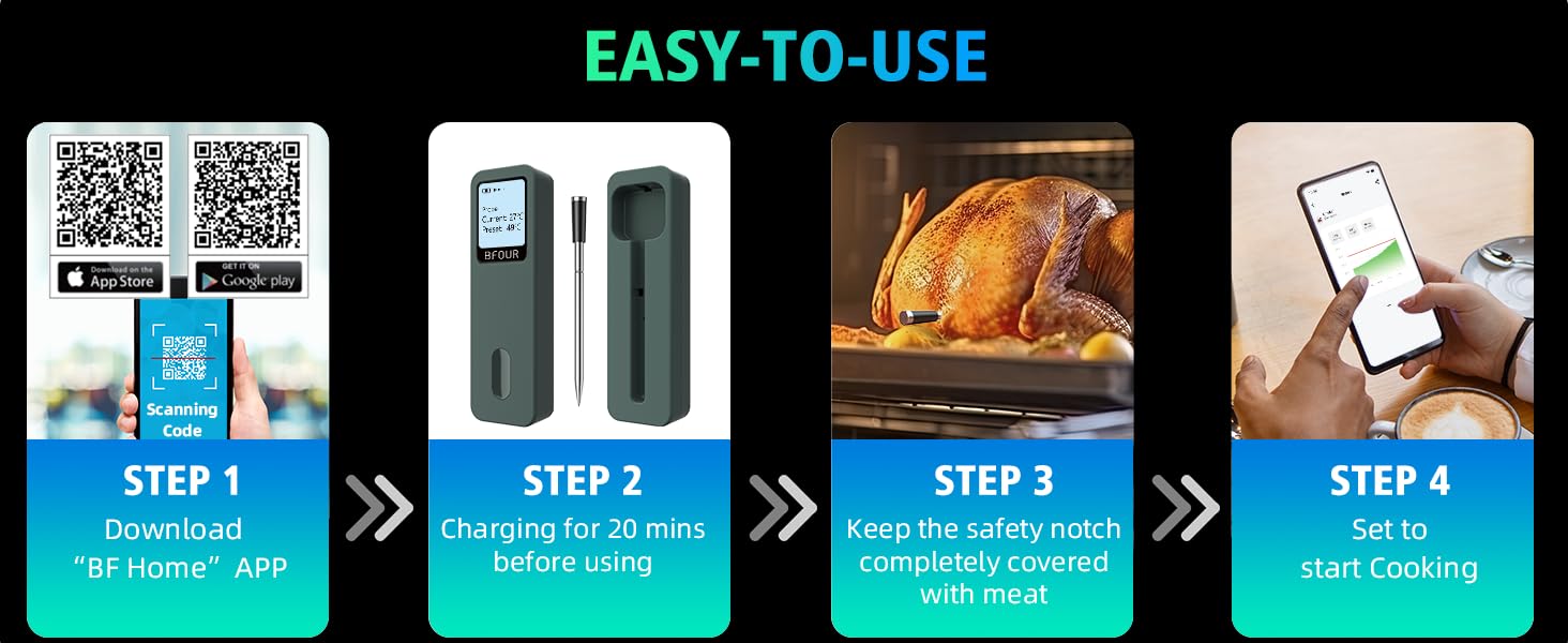 Термометр для м'яса BFOUR BF-30 PRO: бездротовий Bluetooth термометр-щуп з LCD-дисплеєм, IP67 водонепроникний, для приготування на грилі, в духовці, на кухні (зелений)