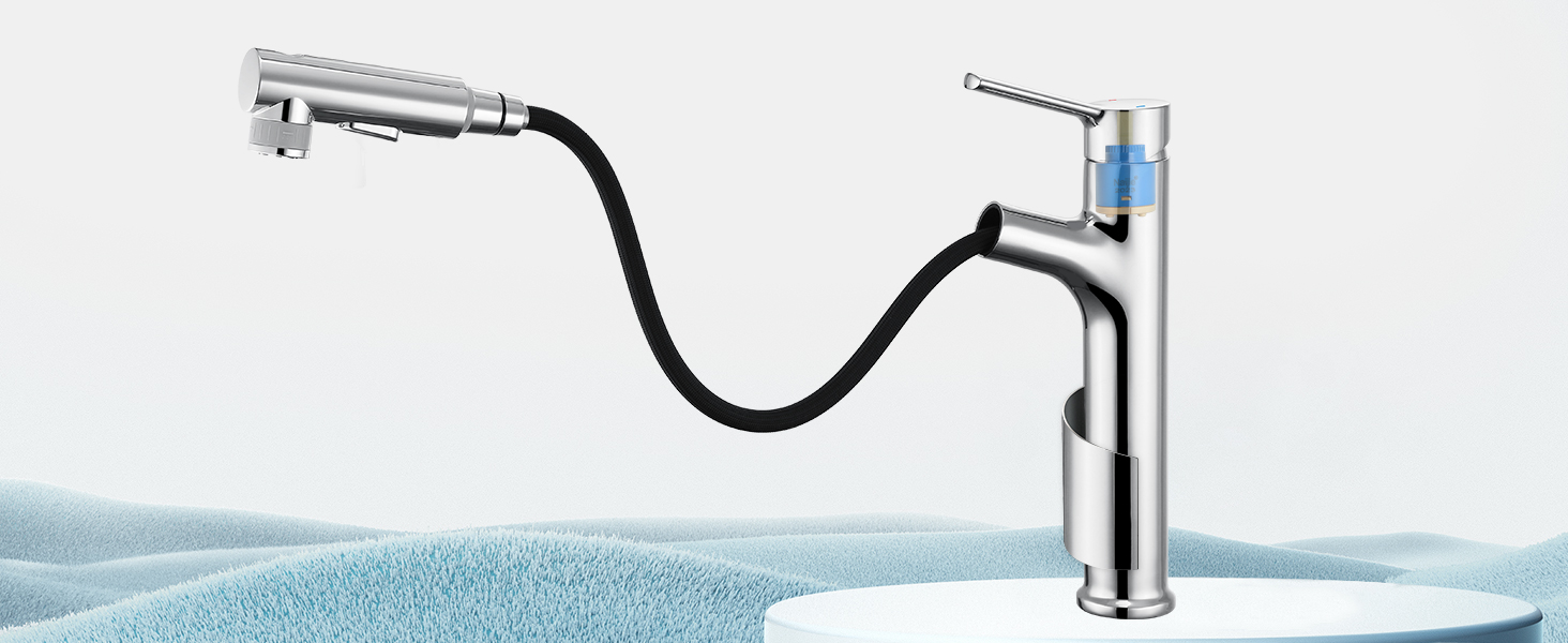 Сучасний змішувач для ванної кімнати CREA з висувною лійкою, 2 режими струменя, з міді, хром, для умивальника