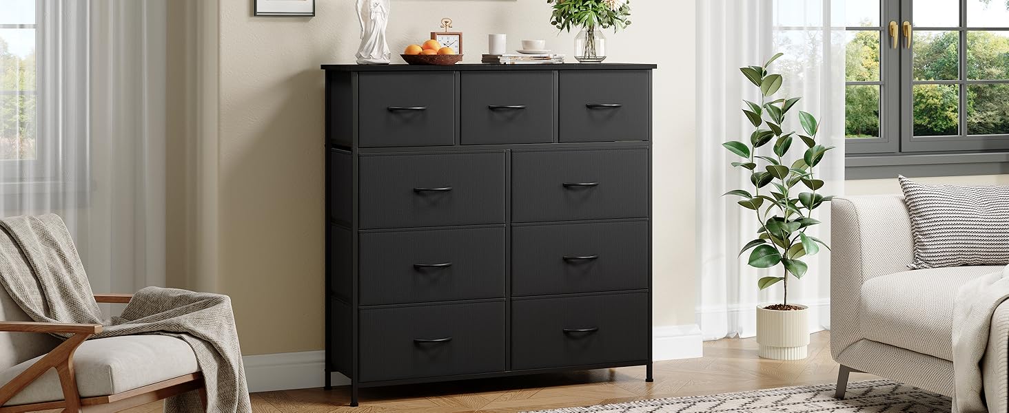 Комод Somdot з висувними ящиками, тканинний комод, комод для спальні, вітальні, передпокою, шафа для зберігання, 5 тканинних ящиків, білий колір (чорний, 30T x 100B x 96.5H см (9 ящиків))