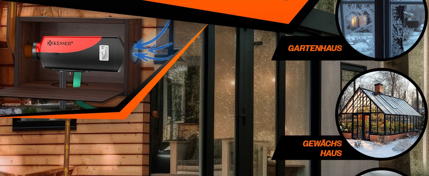 Дизельний опалювач KESSER® 8kW з таймером, LCD-дисплеєм та пультом дистанційного керування | Швидкий нагрів | Опалювач повітря з шумопоглиначем та термостатом (Червоний, 8кВт) Чорний / Червоний 8кВт