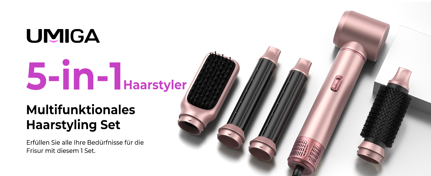 Airstyler 5 в 1: Фен-щітка для волосся з насадкою для локонів, чорно-золотий (5 в 1: Рожевий) - професійний стайлер для укладання