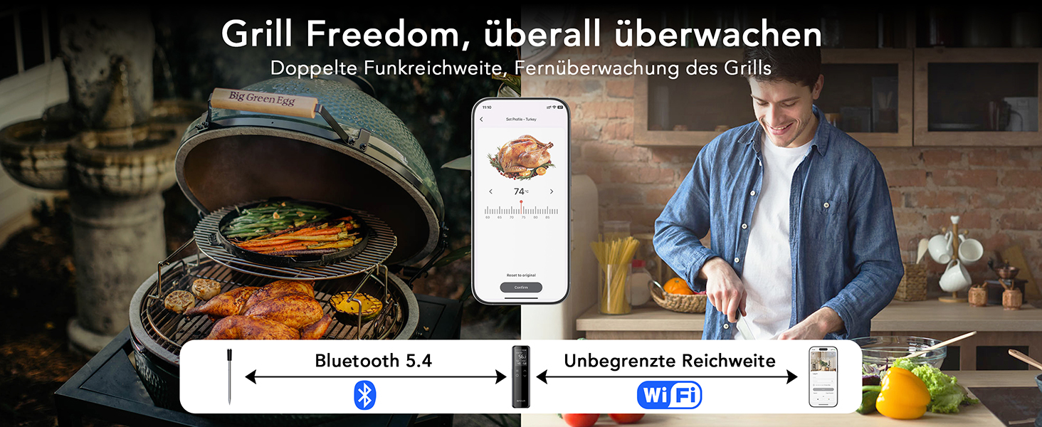 Термометр для м'яса BFOUR WiFi з Bluetooth, 6 сенсорів, з App-керуванням, бездротовий, для гриля та запікання