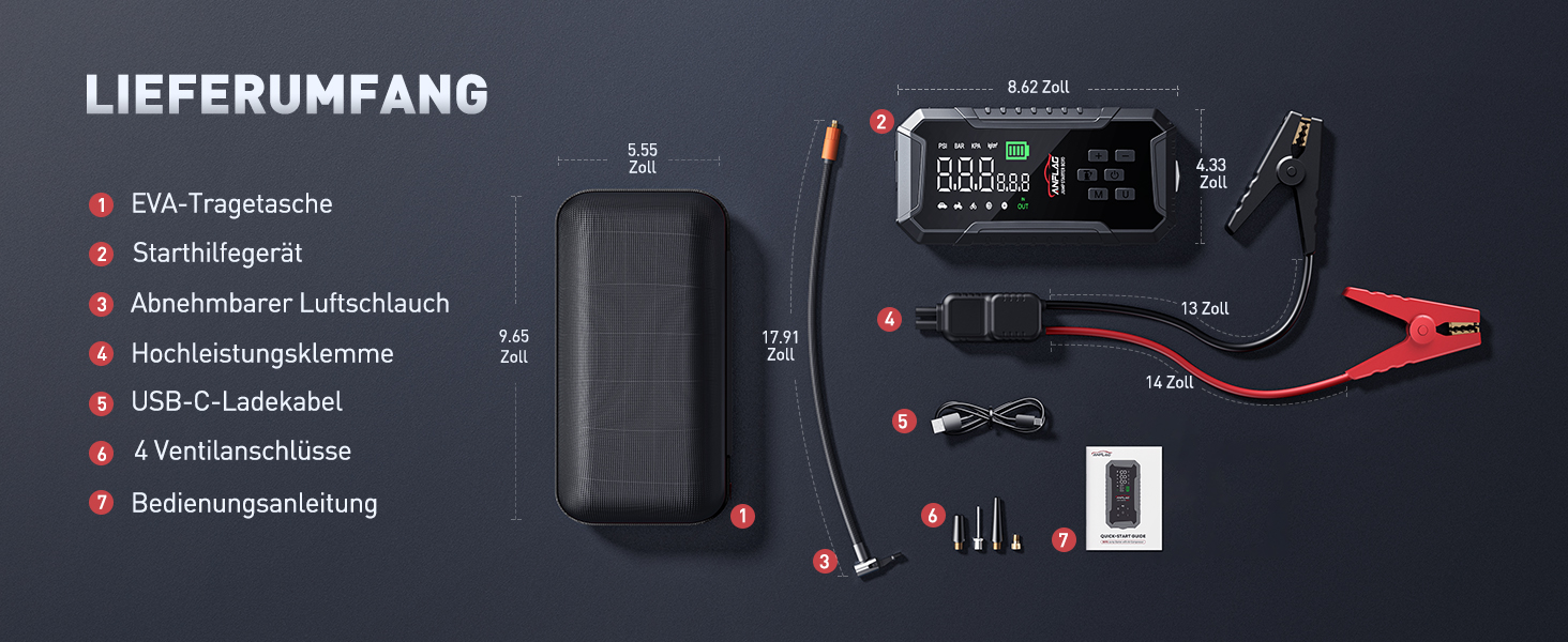 Powerbank для авто ANFLAG 7000A з компресором 160PSI, 26800mAh, для бензинових та дизельних двигунів (до 12.0L), LED-ліхтар