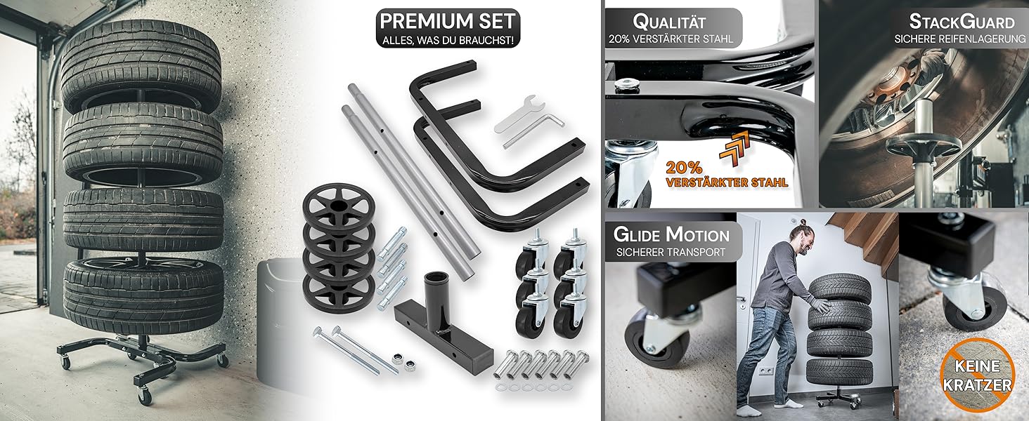 Преміум-підставка для шин на колесах (295 мм, 150 кг) - 4 шини. Чорна, мобільна, для зберігання шин