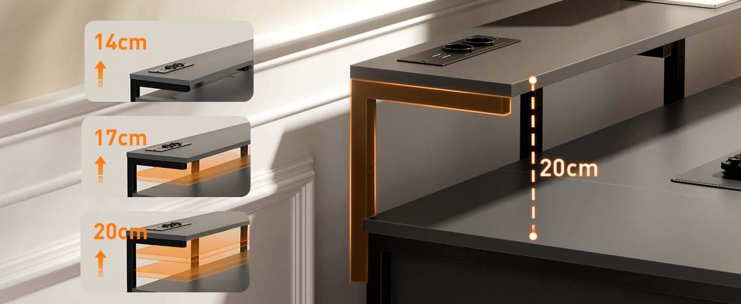 Комп'ютерний стіл з 8 висувними ящиками, 2 розетками, USB-портами, LED-підсвічуванням та підставкою для монітора, 120 x 50 x 74 см (сірий)