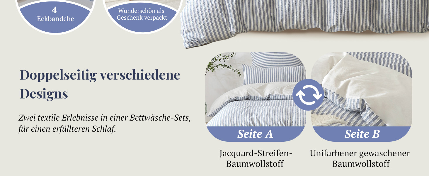 Набір постільної білизни SOULFUL 200x200, бавовна, смугастий дизайн, джинсовий колір, преміум-якість, сертифікат Öko-Tex 100, 3 шт. (200x200, 2x80x80)