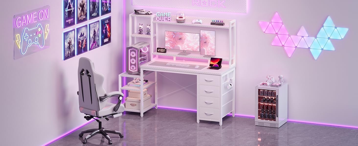 Ігровий стіл YOUDENOVA з шухлядами та полицями, 130x48 см, з LED-підсвіткою, розеткою та USB, стіл для комп'ютера з підставкою для монітора та тримачем для навушників, білий карбон