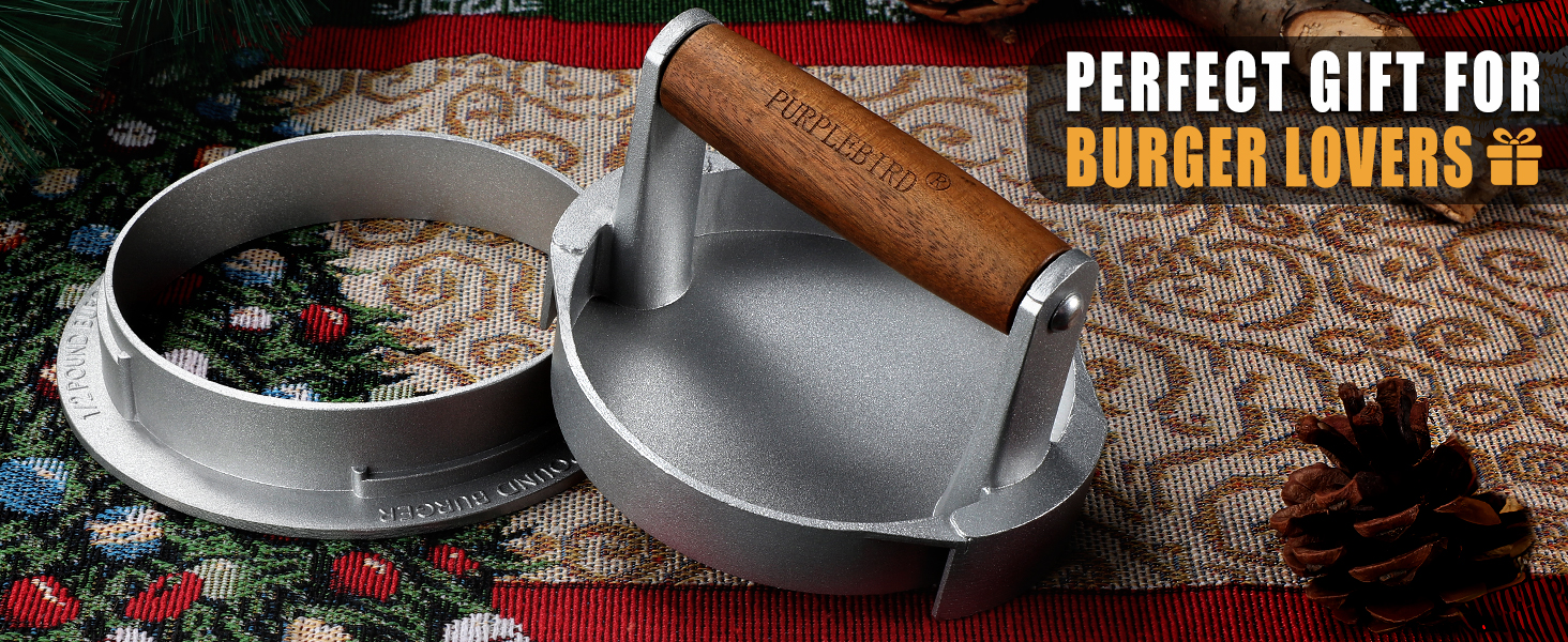 Пресс для бургерів PURPLEBIRD з алюмінію, 10.8 см, регулювання товщини, з дерев'яною ручкою | Прес для паті, гамбургерів, BBQ