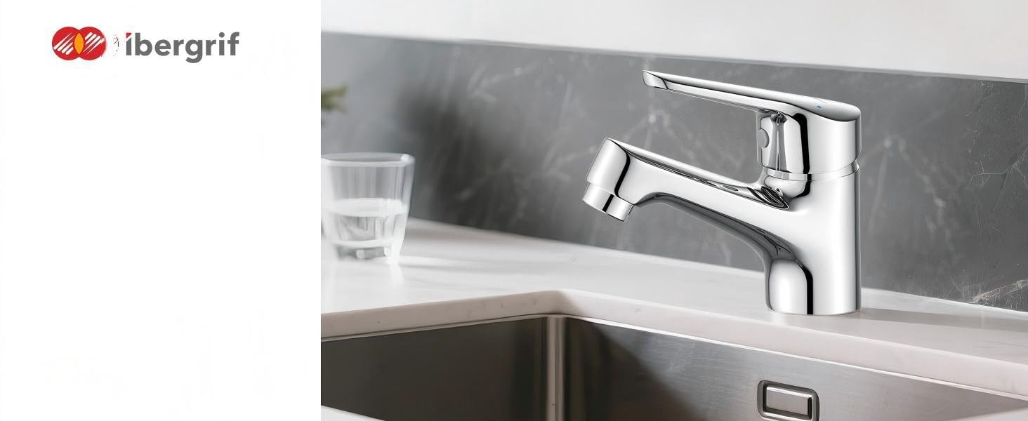 Змішувач для умивальника Ibergrif M11050 з одним важелем, високий (60 мм), хром, без підйомника, керамічна картридж, без крапель, водозберігаючий, 3/8″ з'єднання