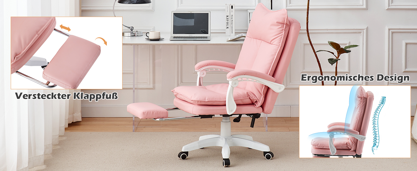 Офісне крісло TUKAILAI: ергономічне, з регулюванням висоти, підлокітники, підставка для ніг, рожеве