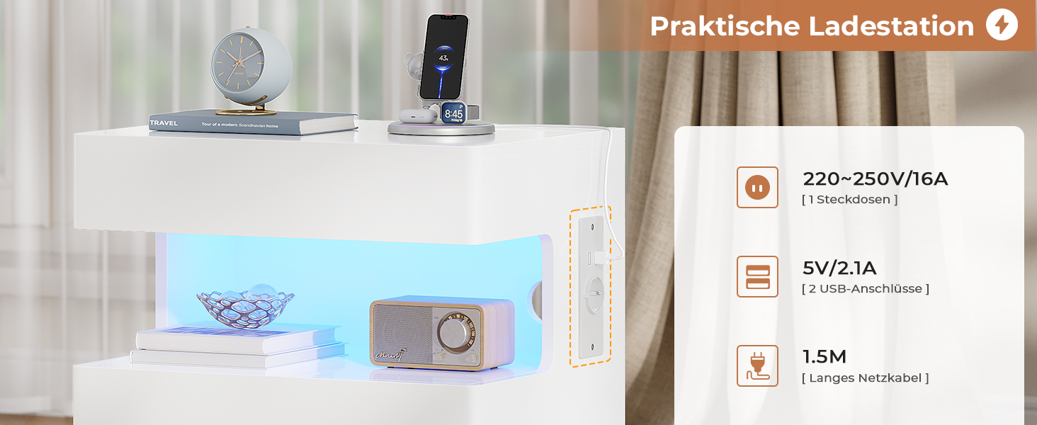 Нічний столик AOGLLATI з секретною поличкою, розеткою та LED-підсвіткою. 2 шухляди, висувний ящик, полиця. Білий, 40x35x59 см