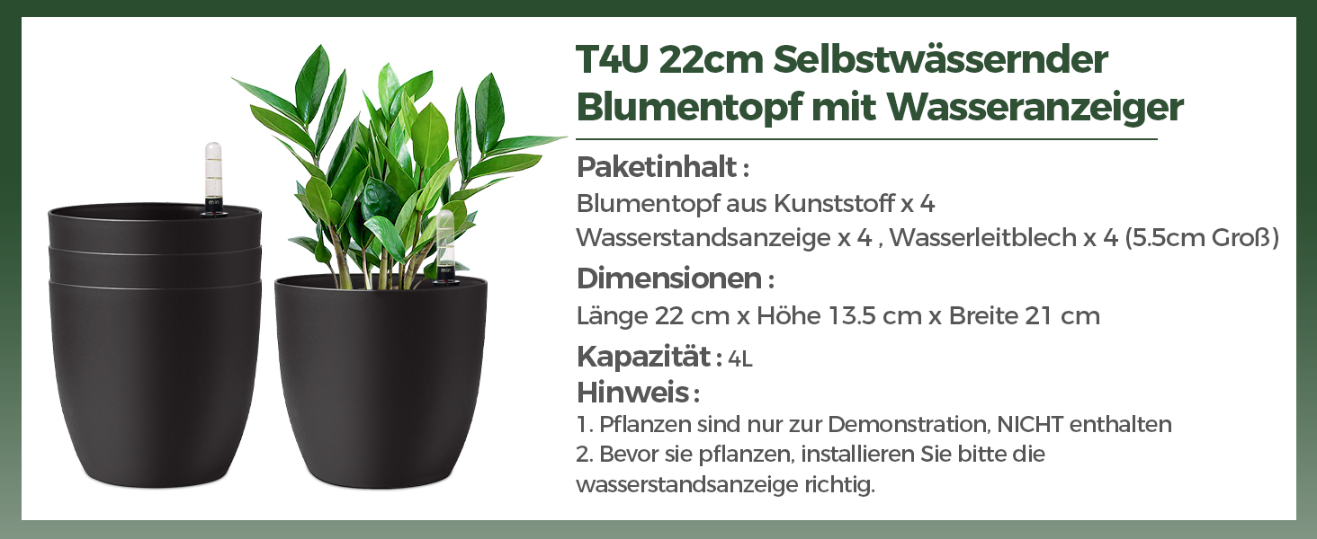 Набір горщиків для квітів T4U (4 шт.) з автополивом, індикатором води, 15 см, 22*21 см, чорний