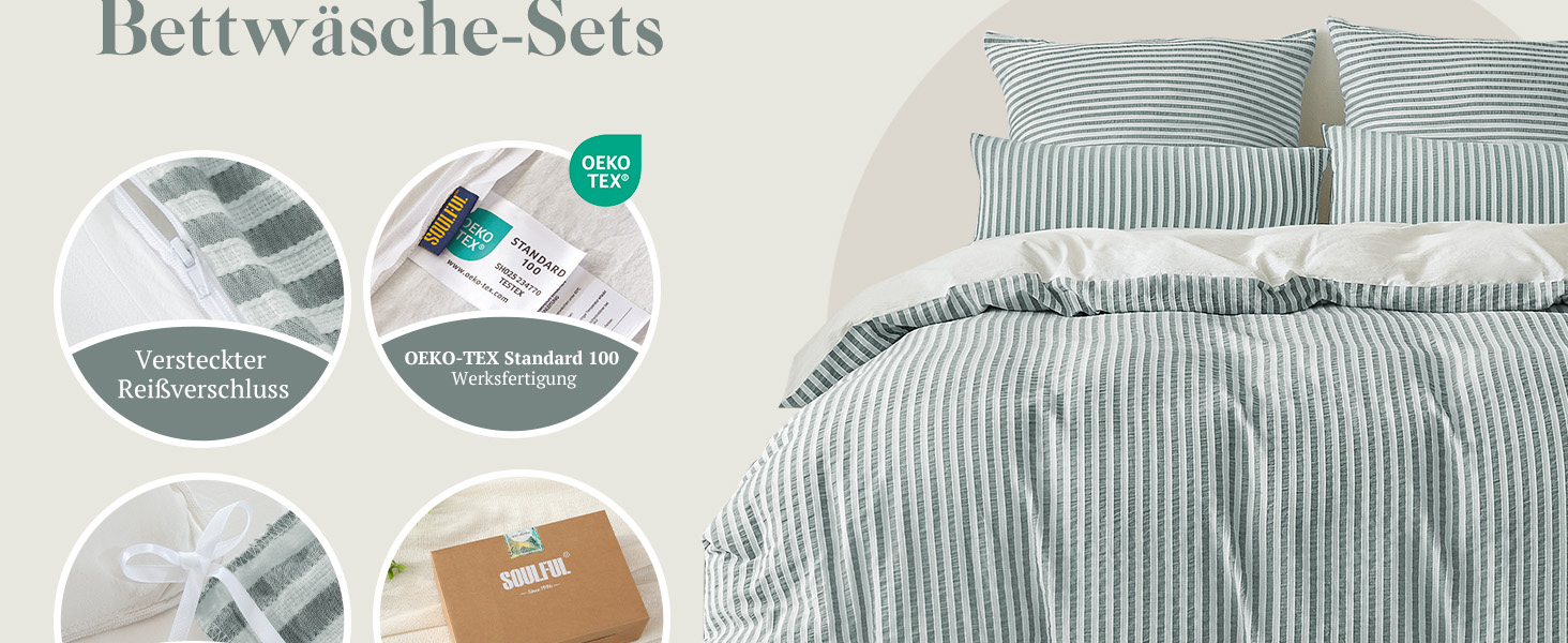 Набір постільної білизни SOULFUL 200x200, бавовна, смугастий дизайн, джакард, екологічна бавовна, бохо стиль, преміум якість, сертифікат Öko-Tex 100, колір деним (темно-зелений & білий), 4-елементний комплект (2x 135*200 см | 2x 80*80 см)