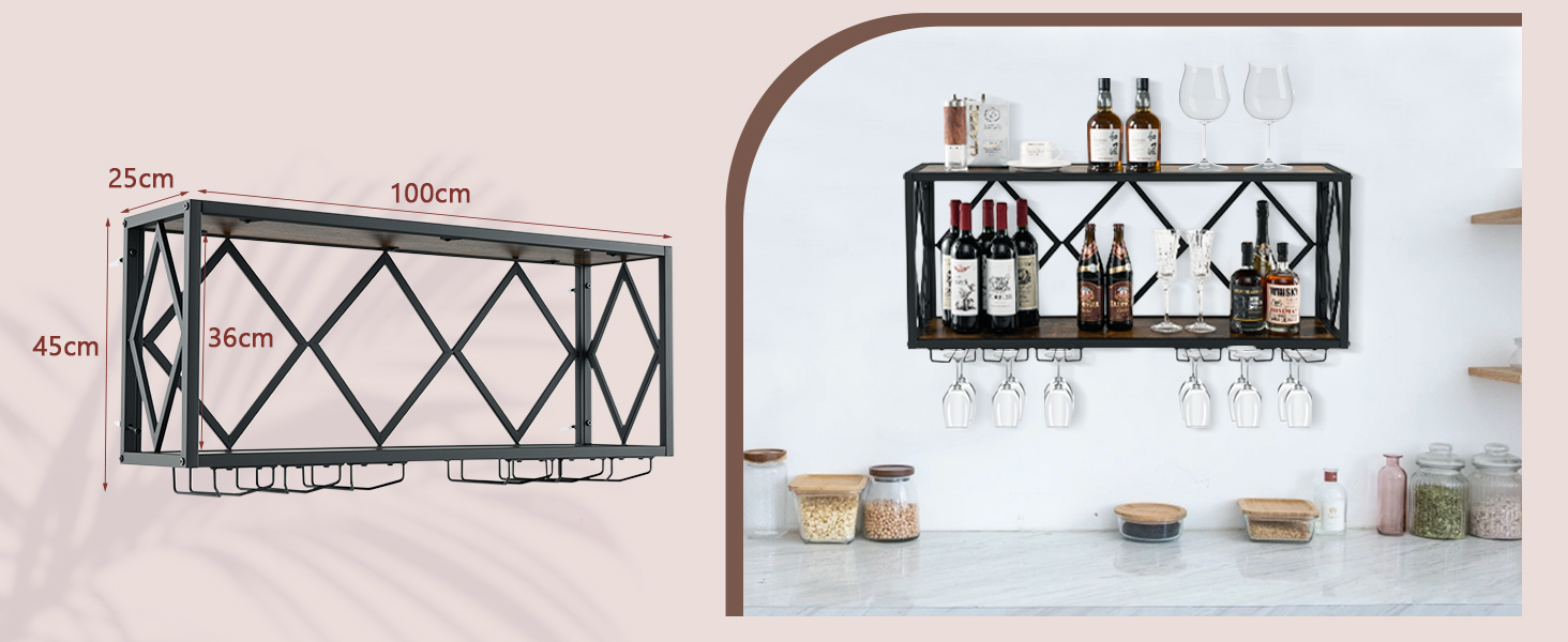 Стильна полиця для вина Komfotteu на стіну, дерев'яна з металевим каркасом, з тримачем для келихів, 60 x 20 x 55 см