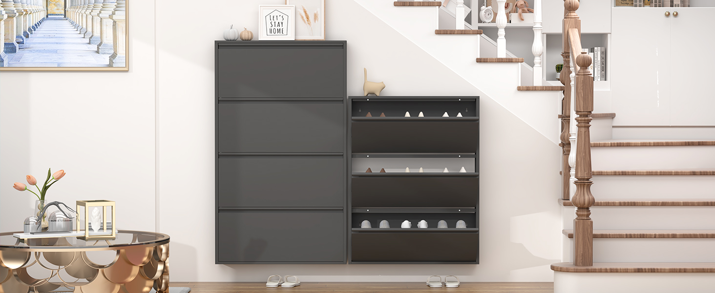 Чорний настінний органайзер для взуття GREATMEET з 4 висувними ящиками, вузький, для передпокою