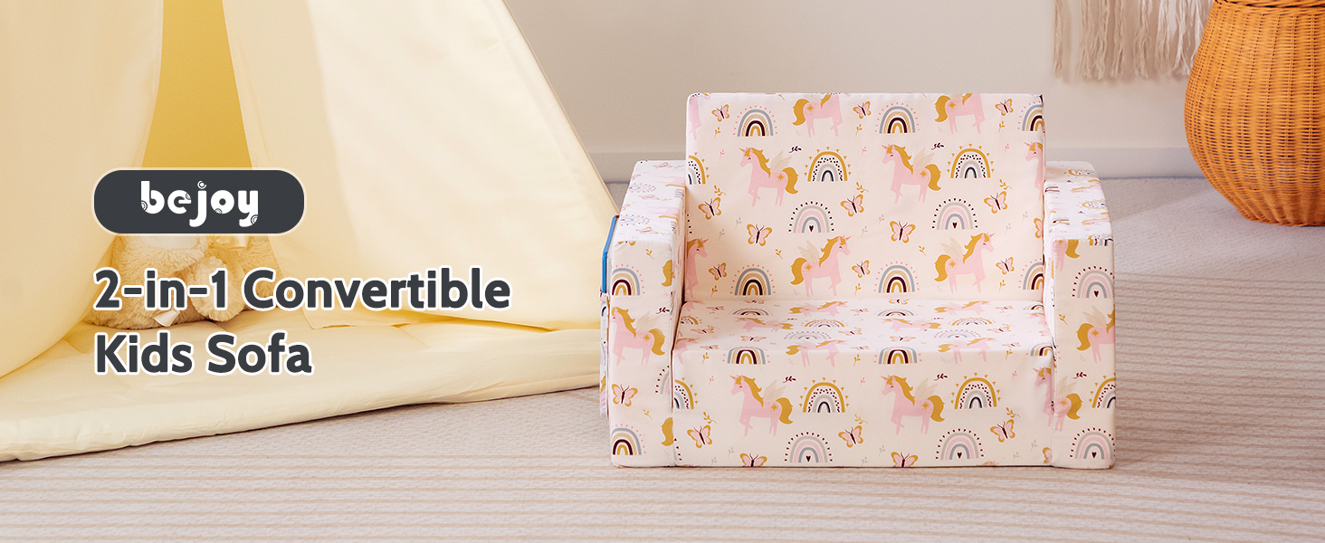 Дитяче розкладне диван-крісло BEJOY 2 в 1, Sherpa, з єдинорогом, бежевий, для дитячої кімнати, подарунок на день народження