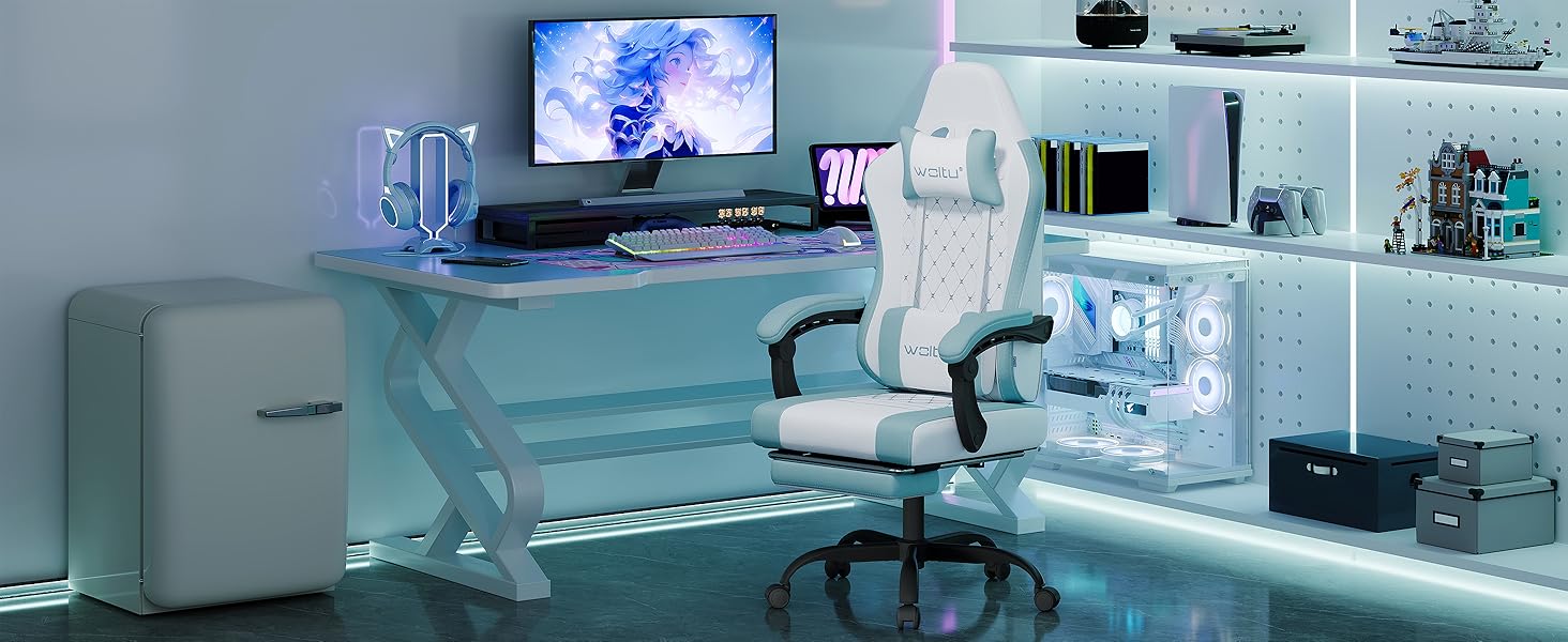 Ігровий крісло WOLTU з масажем, комп'ютерне ергономічне крісло, кишенькові пружинні подушки, масаж попереку, підголовник, підніжка, поворотне крісло, 150 кг, Рожевий+Білий, сітчаста тканина