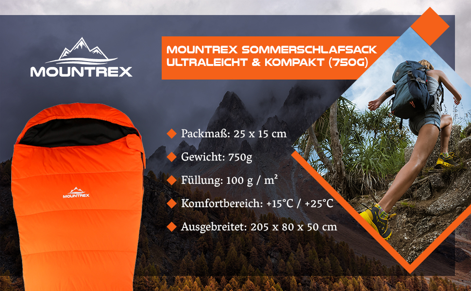 Спальний мішок MOUNTREX - компактний і надлегкий (730 г/1500 г) - літній спальний мішок на відкритому повітрі (100 г) / 3-4 сезони (300 г) спальний мішок з мумією кемпінг, подорожі, фестиваль - теплий і складаний (Помаранчевий - (літо))