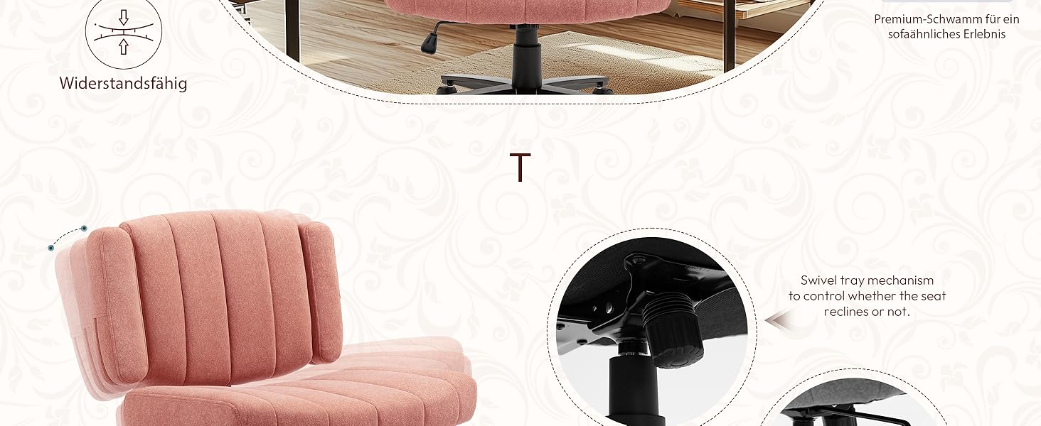 Крісло Vigosit Criss Cross з регульованими підлокітниками та колесами, антиковзаюча тканина, м'яке сидіння, поворотне, для дому, туалетного столика, офісу (Сірий/Рожевий)