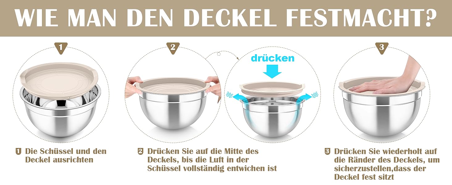 Набір салатниць TEAMFAR 6 шт. з нержавіючої сталі з кришками та силіконовими ніжками, 0,7L / 1,5L / 1,6L / 2,5L / 2,8L / 4,6L, багатофункціональний, для миття в посудомийній машині, з терками