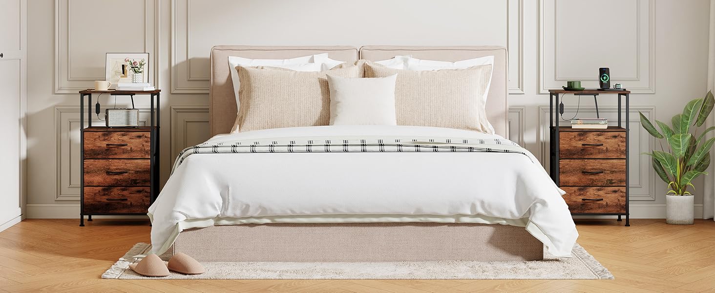 Нічний столик Somdot з підзарядкою, LED, розеткою (USB, Type-C) для спальні, вітальні, дитячої кімнати. Нічний столик, тумбочка, 30x40x60 (2 висувні ящики), деревоподібний масив, 2