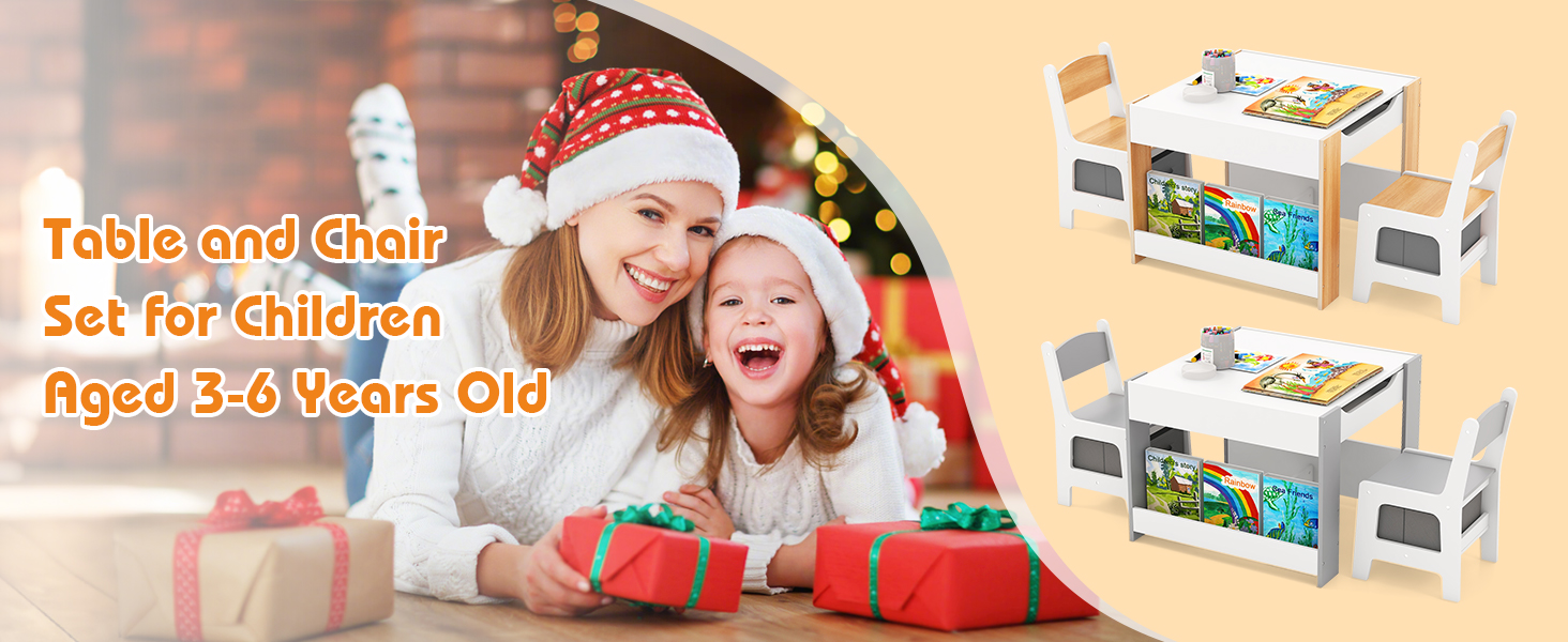 Дитячий стіл LIFEZEAL 3 в 1 з 2 стільцями: стіл для малювання, активностей та обідній стіл. Дитяча меблева група з дерева з місцем для зберігання (сірий)