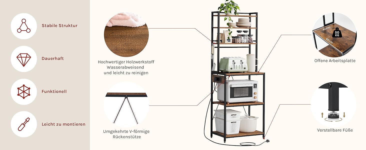 Кухонна полиця WOLTU з 6 ярусами, з розетками, мікрохвильова полиця з 6 гачками, полиця пекаря з металевим каркасом, регульовані полиці, Чорний+Рустикальне коричневий, 60 x 167 x 40 см