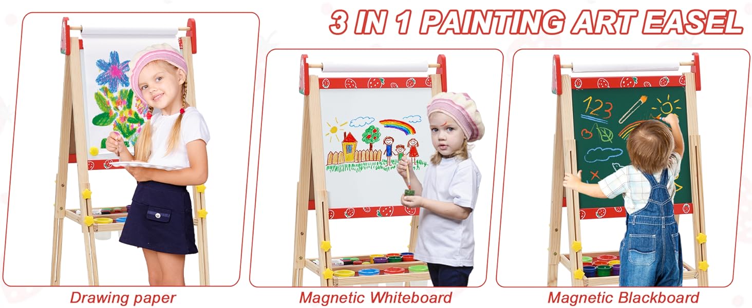 Дитяча мольберт Kinder Staffelei 3 в 1: регульована висота, подвійний бік, з рулоном паперу, 100+ аксесуарів для малювання, для дітей 3-8 років (червоний)