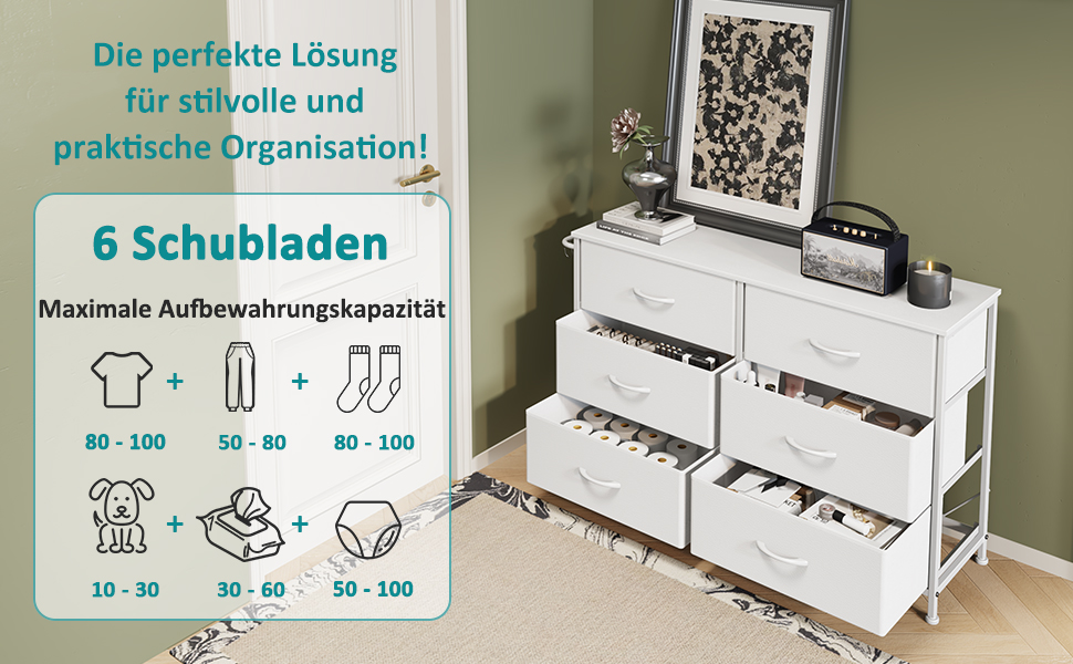 Комод Flur з 6 висувними ящиками з тканини - промисловий комод для вітальні з металу - комод для передпокою в стилі рустік - комод для спальні з тканини для одягу - білий 100x30x65 см, 6 ящиків - 100x30x65 см білий