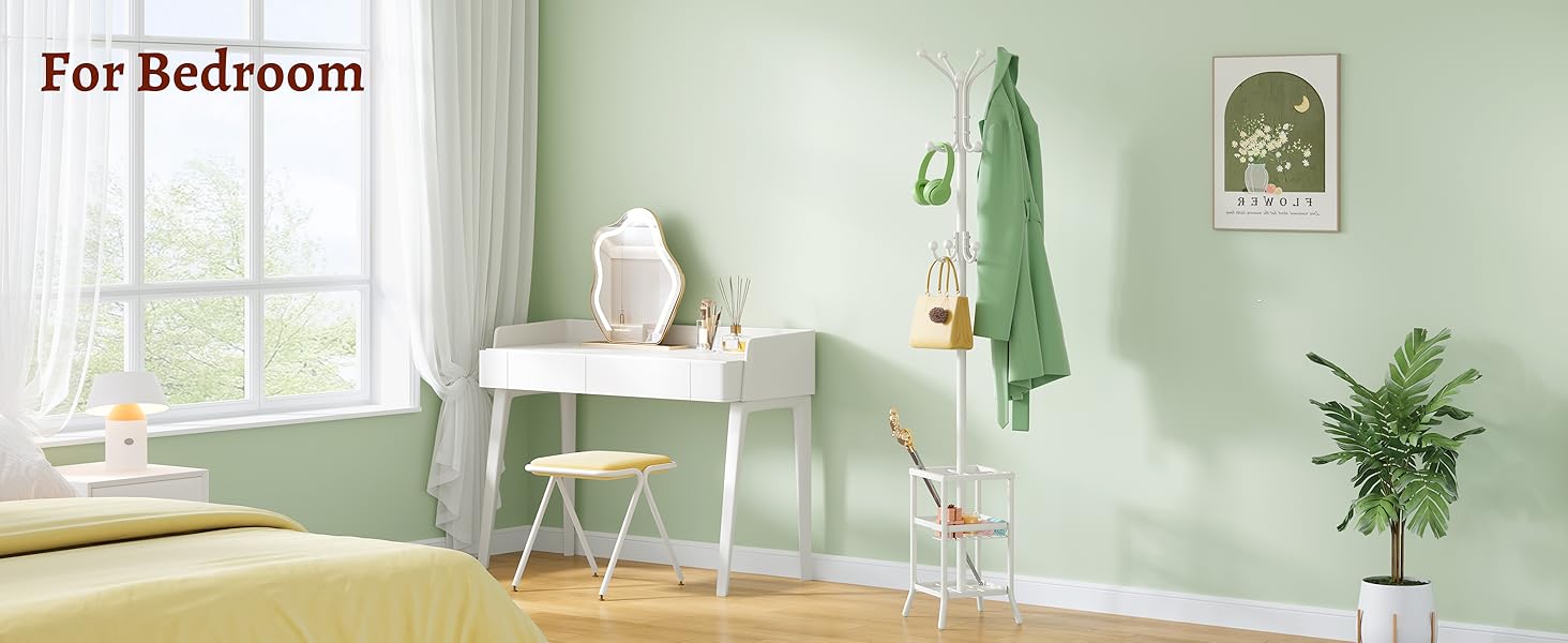 Настінна вішалка для одягу FAVOOSTY з підставкою для парасольки, 12 гачків, стійка для пальто, вішалка для одягу в вітальню, спальню, срібна (білий)