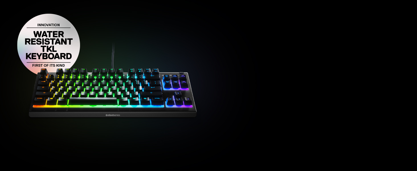 Клавіатура SteelSeries Apex 3 TKL для ігор – RGB, компактний TKL, 8 зон RGB-підсвічування, стійка до води та пилу, тихі ігрові клавіші, DE Layout QWERTZ, чорний колір