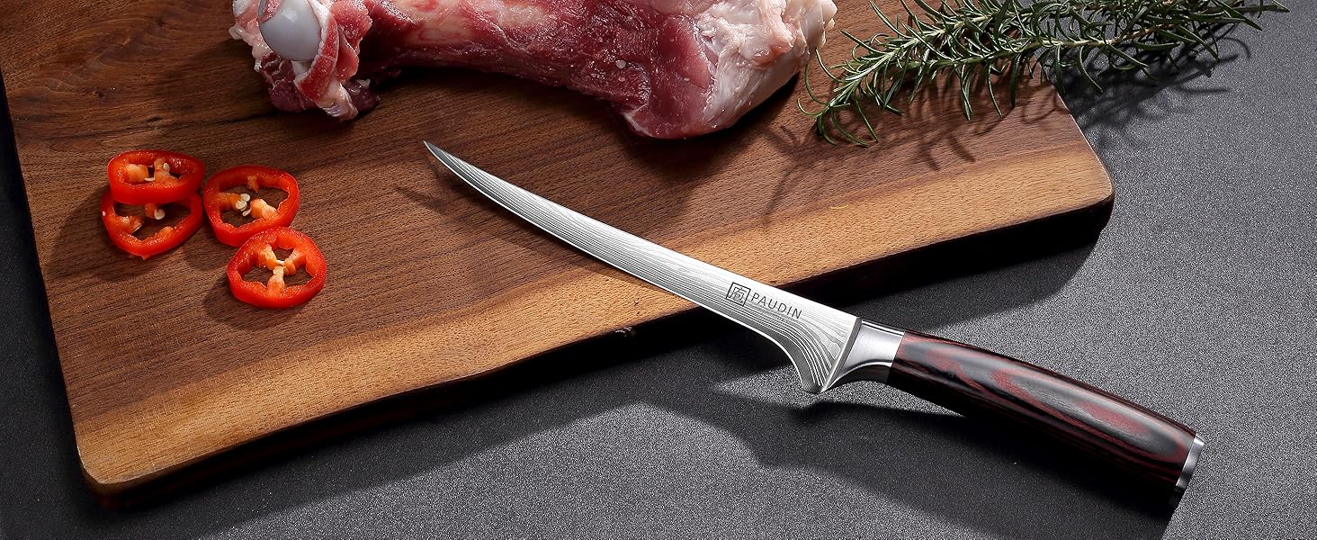 Ніж сантоку PAUDIN з дамаської сталі, 13 см - професійний кухонний ніж для кухні, надзвичайно гострий, з високоякісної нержавіючої сталі та ергономічною ручкою G10 (рибний ніж 18 см)