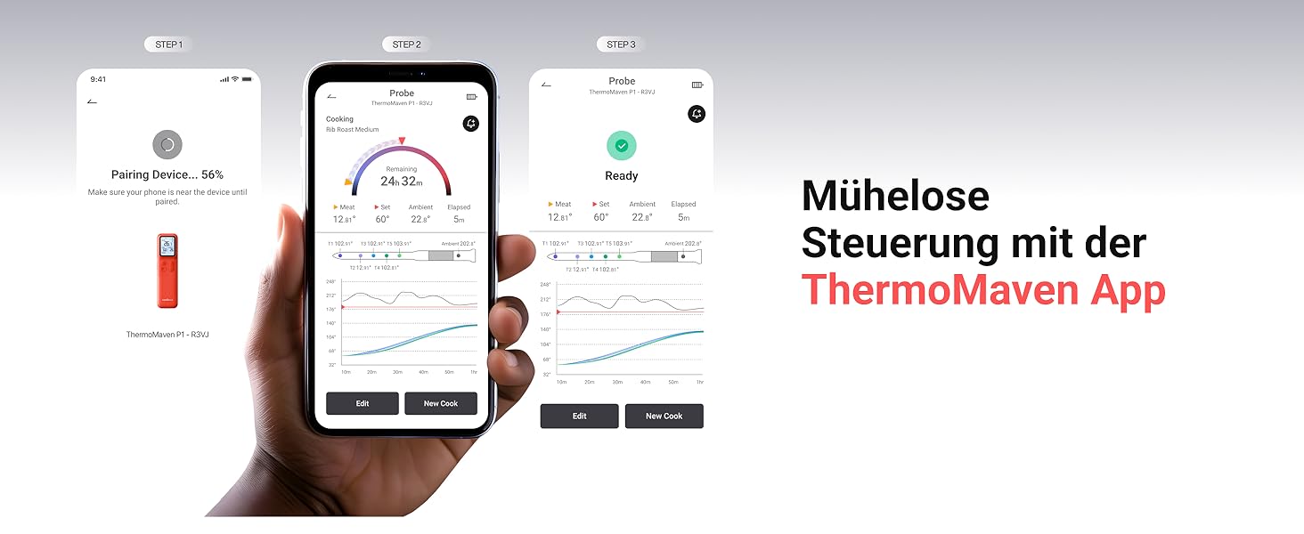 ThermoMaven P2 Розумний термометр для м'яса з Bluetooth 5.3, 6 датчиків, Wi-Fi моніторинг, водонепроникний IPX8, для гриля, духовки, кухні, фритюрниці (1 зонд)