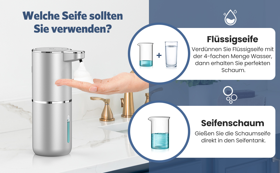 Автоматичний дозатор мила, 380 мл, електричний, з датчиком, USB, водонепроникний IPX5, для кухні, ванної кімнати, школи, готелю (сріблястий, піна)