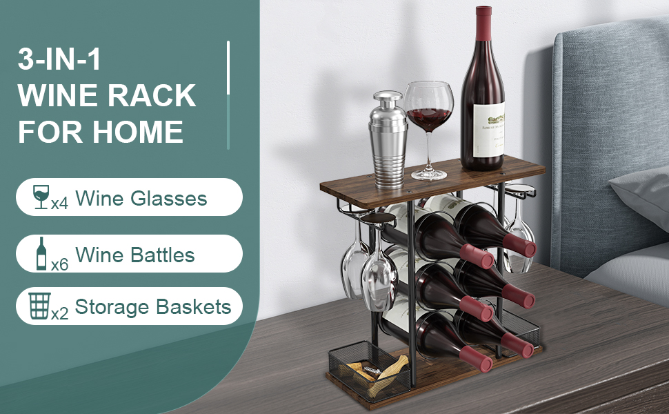 Стелаж для вина з дерева та металу на 3 яруси - 6 пляшок та 4 келихи, для дому