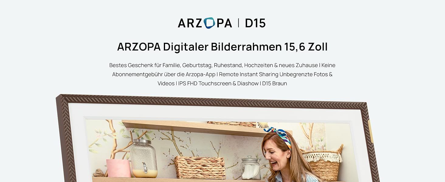 Цифровий фоторамка ARZOPA 15.6 дюймів: безлімітний хмарний зберігання, віддалена передача, FHD сенсорний екран. Чудовий подарунок!