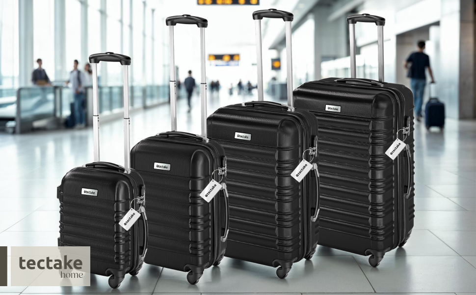Набір валіз Tectake 4шт: S, M, L, XL з ABS пластику, з колесами, телескопічним ручками та замками. В комплекті вагова шалька та аксесуари для валіз. Чорний колір.