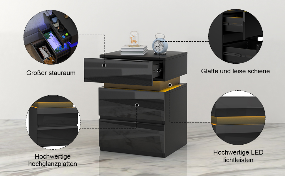 Набір з 2 тумбочок Чорний Глянцевий з LED підсвічуванням, 3 шухляди, 16 кольорів, 40x35x55см
