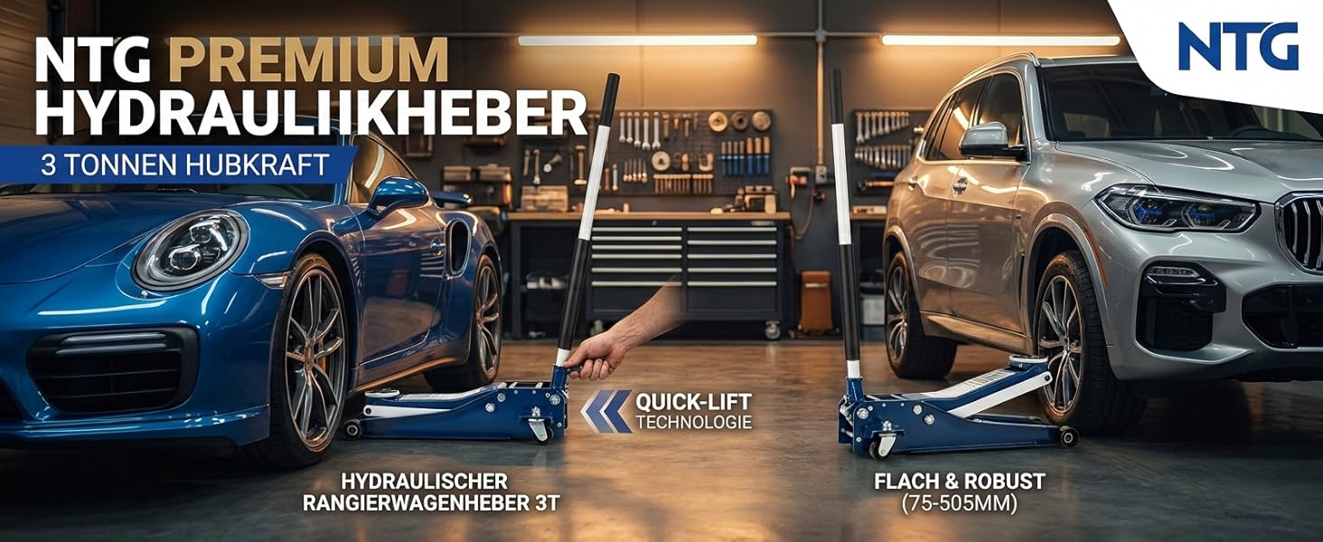 Гідравлічний домкрат NTG 3T, низькопрофільний, для авто (легкових та SUV), синій + сертифікат TÜV, висота підйому 75-505 мм