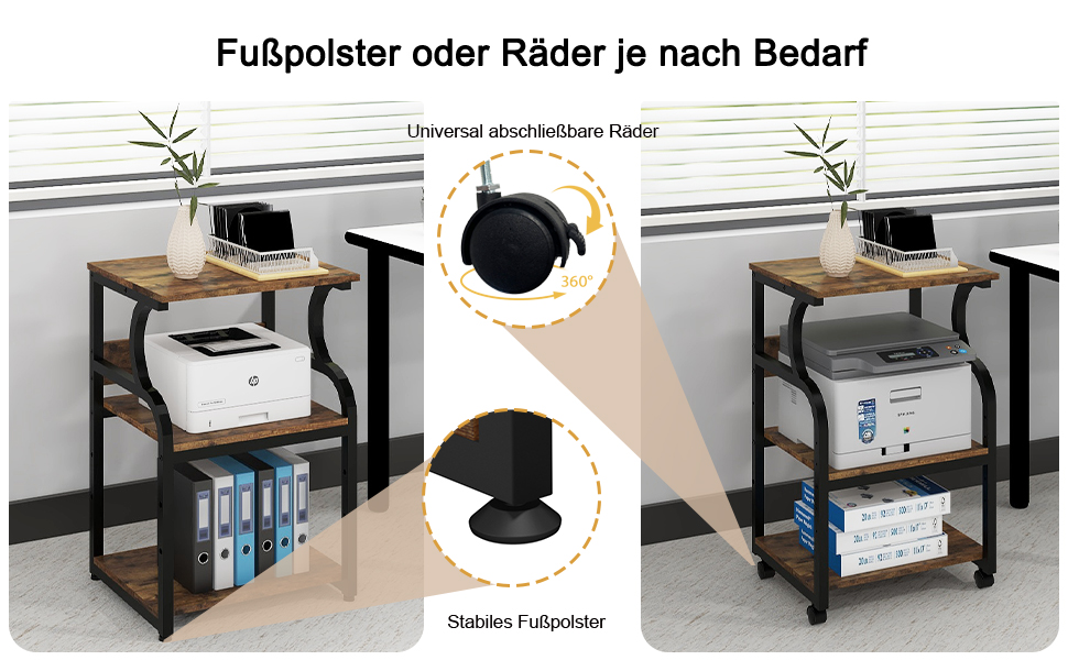 Регульований стіл для принтера PUNCIA з 3 ящиками, на коліщатках, 50x40 см, дерево & метал, для офісу/кабінету, ретро