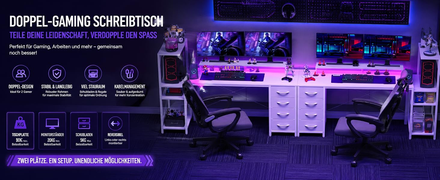 Ігровий стіл APICIZON 150 см з полицею, підставкою для монітора та RGB-підсвіткою, білий карбон. Стіл для ПК з USB-портами, тримачем для навушників та підставкою для чашки